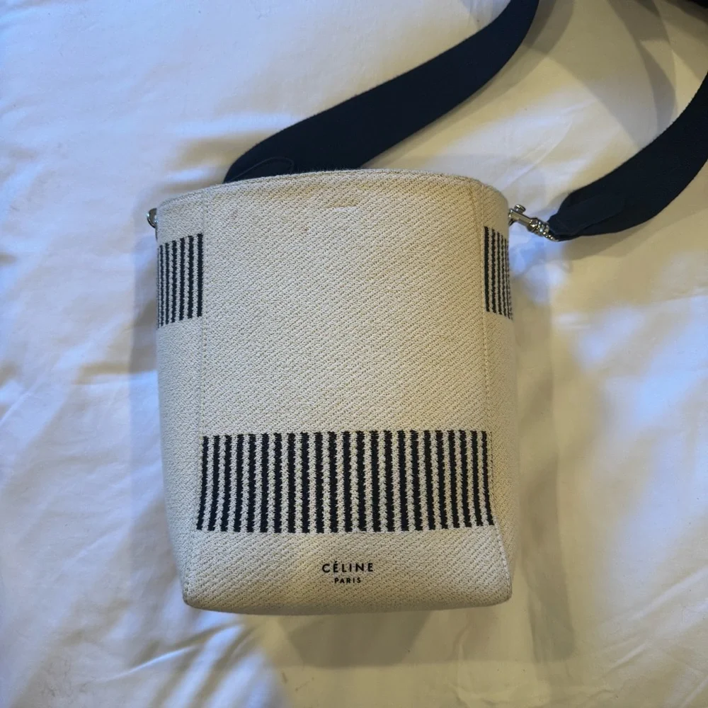 Celine Women Sangle Small Bucket Bag in Textured Canvas - White and Black - Picture 1 of 9